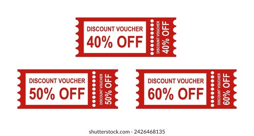 Vector illustration set of 40, 50 and 60 percent discount vouchers. Discount coupon, sale voucher