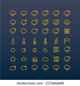 Vector illustration. Set of  42 Modern thin line icons in flat style. WEATHER. For business production, devices,  logo, web, etc.