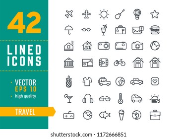 Vector illustration. Set of 42 Modern thin line icons in flat style. TRAVEL. For business production, devices,  logo, web, etc.