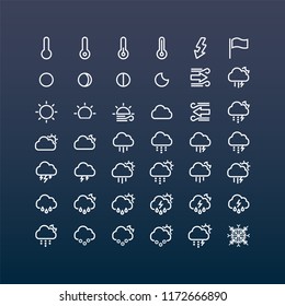 Vector illustration. Set of  42 Modern thin line icons in flat style. WEATHER. For business production, devices,  logo, web, etc.