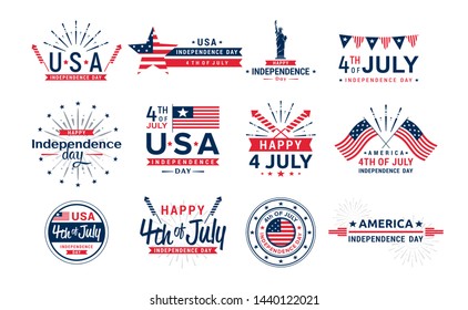 Vector illustration set of 4th of July icons, United Stated independence day greeting. Elements for greeting cards, icons collection. Fourth of July typographic design logos for banner, isolated on