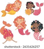 Vector illustration set of 5 cute mermaids in whimsical style with bright pink colors. Isolated on white background. Perfect for kids