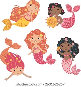 Vector illustration set of 5 cute mermaids in whimsical style with bright pink colors. Isolated on white background. Perfect for kids' designs, stickers, party decor, and fantasy-themed projects.