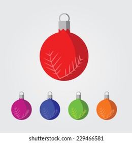 vector illustration set of 5 different coloured flat design styled christmas tree globes