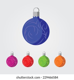 vector illustration set of 5 different coloured flat design styled christmas tree globes with swirly ornaments