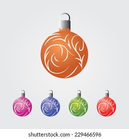 vector illustration set of 5 different coloured christmas tree globes with swirly ornaments