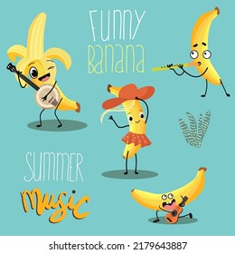 Vector illustration set of 5 funny crazy bananas, cartoon characters, with musical instruments, on a surfboard, wearing glasses, lettering funny banana, summer vibes, t shirt design, childish concept.