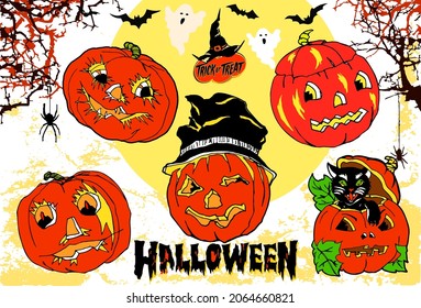 Vector illustration of set of 5 Halloween pumpkins. Vintage  cartoon funny style hand drawn illustration.