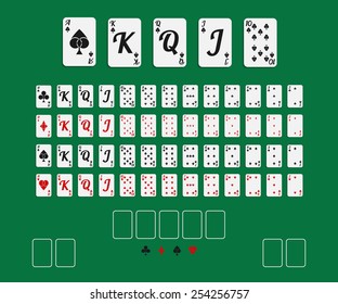 Vector illustration. Set 52 playing cards with creative suits on green background.