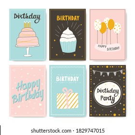 Vector illustration set of 6 cute birthday gift cards. Banners with the inscription Happy Birthday, Party, Sweets and Congratulations. Birthday invitations.