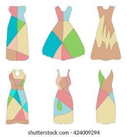 vector illustration. set of 6 different types of evening dresses. patchwork pattern. example design, fashionable style