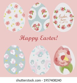 Vector illustration of a set of 6 flat Easter eggs painted in floral patterns