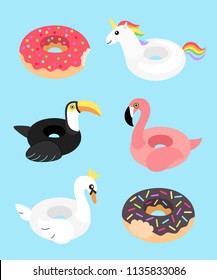 Vector illustration: set of 6 inflatable swimming accessories rubber Unicorn with rainbow mane, pink Flamingo, Swan in crown, black Toucan and two donuts in cartoon style isolated on blue background.