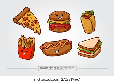 Ilustración vectorial Conjunto de 6 dibujos animados kawaii lindos de personajes de pizza en poses aisladas sobre fondo blanco.