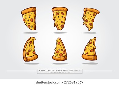 Vektorgrafik Set von 6 kawaii niedlichen Cartoon von Pizza-Figuren in Posen einzeln auf weißem Hintergrund.