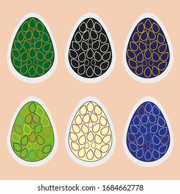 Vector illustration set 6 multi colored stickers Easter eggs for games, print on paper, fabric, ceramic