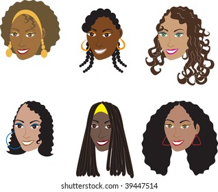 Vector Illustration set of 6 natural and real hair styles for women with curly, kinky or wavy hair. Also available in straight styles or weaves and wigs.