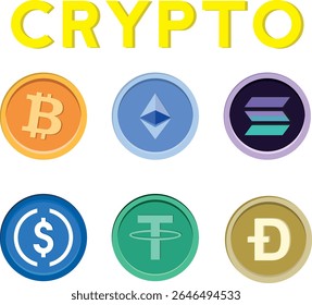 Ilustração vetorial conjunto de 6 moedas de criptomoedas populares: Bitcoin (BTC), Ethereum (ETH), Solana (SOL), USD Coin (USDC), Tether (USDT), e Dogecoin (DOGE). Perfeito para o design moderno relacionado à criptografia