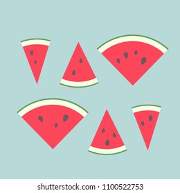 Vector illustration: set of 6 red cone flat watermelon pieces icons with black seeds and green peel in retro style isolater on blue background