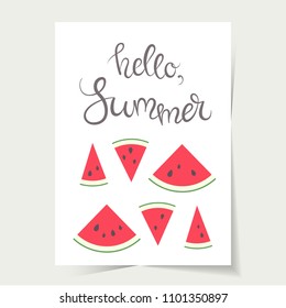 Vector illustration: set of 6 red cone flat watermelon pieces icons with black seeds and green peel with calligraphic inscription Hello, summer isolated on white background 