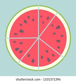 Vector illustration: set of 6 red cone flat watermelon pieces icons with black seeds and green peel in circle shape in retro style isolated on blue background