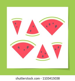 Vector illustration: set of 6 red cone flat watermelon pieces icons with black seeds and green peel in retro style isolated on white background and green frame