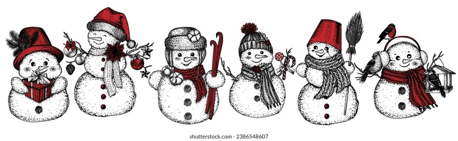 Vector illustration of a set of 6 snowmen in hats and scarves in engraving style