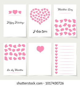 Vector illustration: a set of 6 white greeting cards with pink heart icons and hand drawn lettering inscriptions isolated on creamy background for Valentine's day or wedding design.