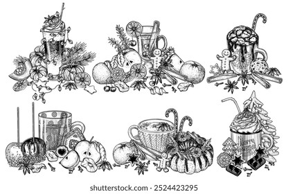 	
Vector illustration set of 6 winter drinks. Spiced pumpkin-orange latte, hot chocolate, marshmallow cocoa, mulled wine, spiced tea latte, hot apple cider with gingerbread