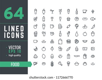 Vector illustration. Set of 64 Modern thin line icons in flat style. FOOD. For business production, devices,  logo, web, etc.