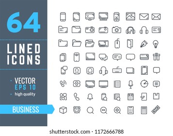 Vector illustration. Set of 64 Modern thin line icons in flat style. BUSINESS. For business production, devices,  logo, web, etc.