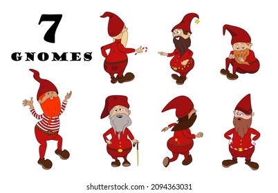 Ilustración vectorial del conjunto de 7 gnomos de Navidad. Diseño de caracteres en poses. Perfecto para regalos, animaciones, libros, juguetes, diseño web, decoración infantil, aplicación de telefonía móvil, juegos de ordenador