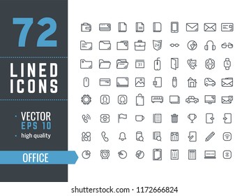 Vector illustration. Set of 72 Modern thin line icons in flat style. OFFICE. For business production, devices,  logo, web, etc.