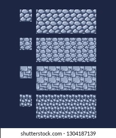 Vector illustration - set of 8 bit 16x16 stone wall brick texture. Pixel art style game background pattern grey isolated. Different types of round, square stones. Retro arcade game environment design