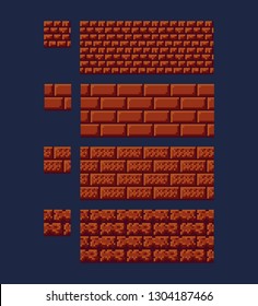 Vector illustration - set of 8 bit 16x16 red brick texture. Pixel art style game background pattern brown isolated on dark blue background. Retro arcade game environment design.