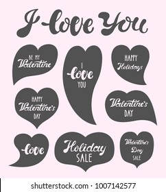 Vector illustration: set of 8 different shaped black hearts - speech bubbles and typography slogans  for decoration, prints and posters. Design elements isolated on pink background for Valentine's Day