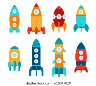 Vector illustration: Set of 8 flat icons with different rocket ships isolated on white background. Project start up and development process. Innovation product and management.
