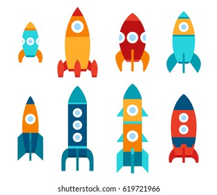 Vector Illustration: Set Of 8 Flat Icons With Different Rocket Ships Isolated On White Background. Project Start Up And Development Process. Innovation Product And Management.
