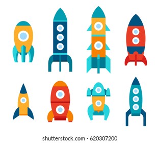 Vector Illustration: Set Of 8 Flat Icons With Different Rocket Ships Isolated On White Background. Project Start Up And Development Process. Innovation Product And Management.