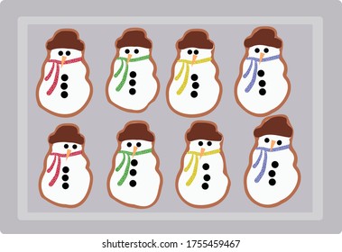 Vector Illustration Set of 8 homemade snowman christmas cookies on tray 