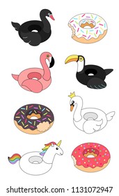 Vector illustration: set of 8 inflatable swimming accessories rubber black Swan, white Swan, pink Flamingo, black Toucan, Unicorn and 3 donuts icons in cartoon style isolated on white background