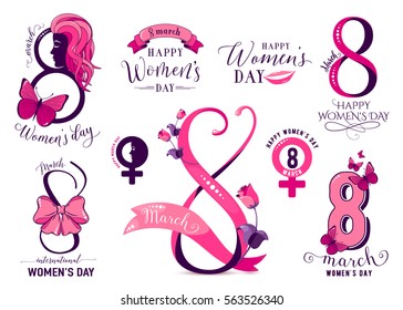 Vector illustration of set 8 march womens day wishes template, badges, icons and design elements with lettering typography word text sign, rose flower, butterfly, girl face, lips isolated on white