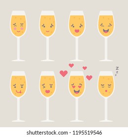 Vector illustration:  set of 8 wineglasses of champagne emoticons icons isolated on creamy background. Decorative elements for Christmas, wedding, birthday party greeting cards, posters and postcards