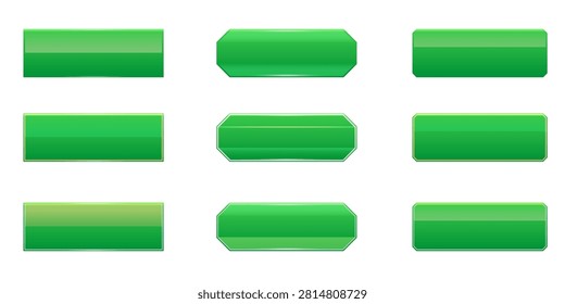 Vector illustration set of 9 blank green web buttons isolated on a white background. This UI UX design asset collection features rectangular, octagon chamfered, and rounded rectangle banner shapes. Each button has a glossy 3D glass texture with bright top highlights, gradient reflections, and a delicate light outer border. Perfect graphic design elements for call to action CTA web banners, website navigation bars, mobile app interface controls, game buttons, and online shop menu badges.