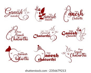 Vector Illustration Set of 9: Celebrate Indian Festival Ganesha Chaturthi with Badges, Emblems, and Stickers