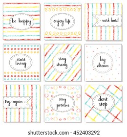 Vector illustration. Set of 9 cute creative cards templates  draw a pencil.