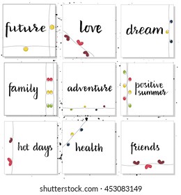 Vector illustration. Set of 9 cute creative cards templates  draw a pencil.