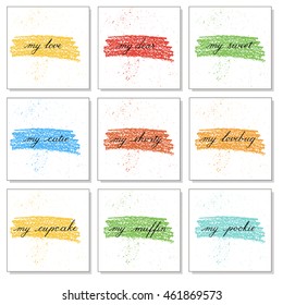 Vector illustration. Set of 9 cute creative cards templates  draw a pencil.