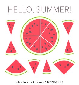Vector illustration: set of 9 red cone and circle flat watermelon pieces icons with black seeds and green peel in retro style and inscription Hello, Summer isolated on white background