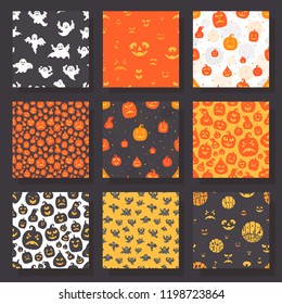 Vector illustration: set of 9 seamless patterns: scary pumpkings, ghosts, monsters on black background. For Halloween party greeting cards, wallpapers, fabrics, wrapping paper, scrapbooking